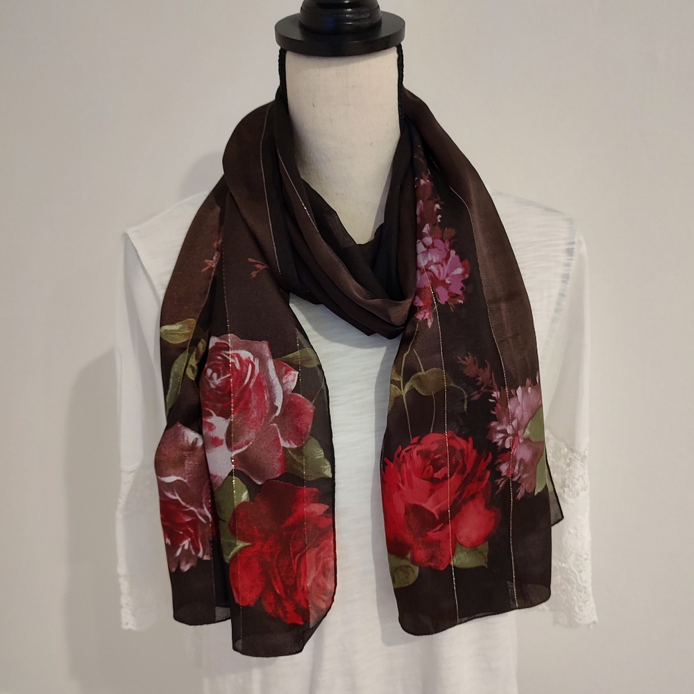 Vintage Silk Rose Floral Brown Pink Gold Thread Scarf 60"